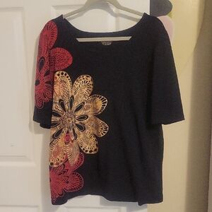 Jones NY Sport Sz1X Black Top with Red and Gold Floral beaded Design 3/4 sleeve